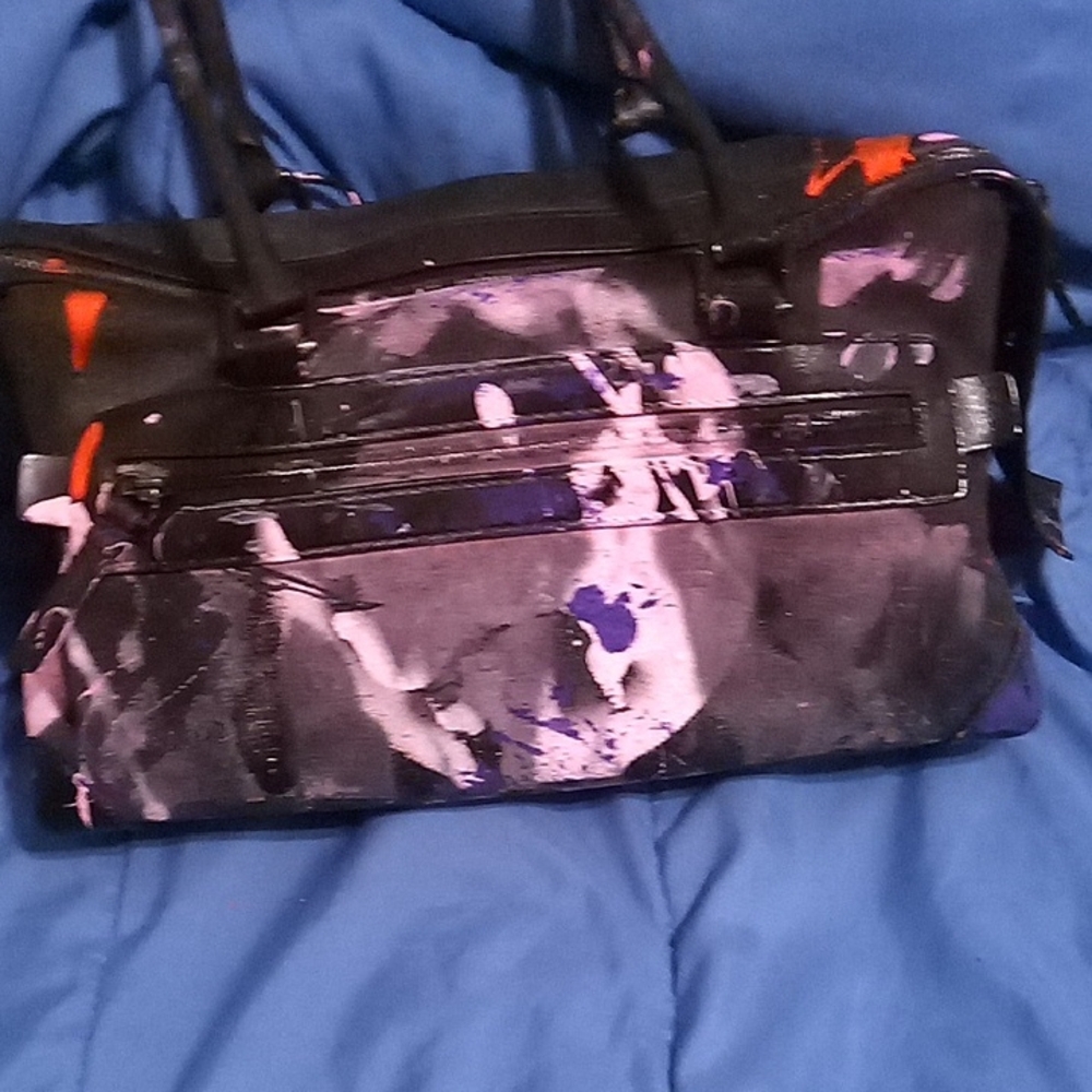 Upcycled Dooney & Bourke Black Shoulder Bag with Pink Purple and Orange Paint - Picture 2 of 6